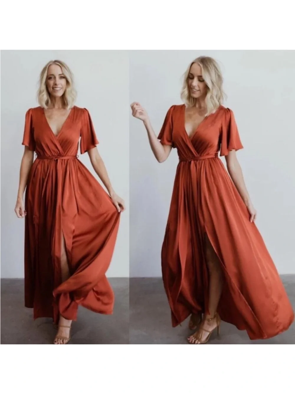 Baltic Born Sicily Satin Maxi Wrap Dress Rust Flutter Sleeve Tie wedding XL - Picture 3 of 14